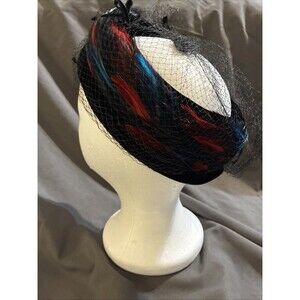 Vintage Black Velvet Veil Red And Blue Feathers Cap, Halo Pill-Box Hat